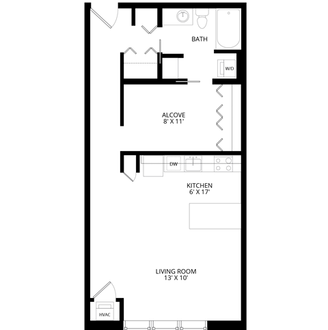 Floor plan for studio, 1 bath, 701 sqft